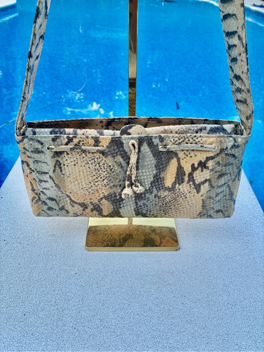 Snake-Embossed Shoulder Bag in Beige and Gray